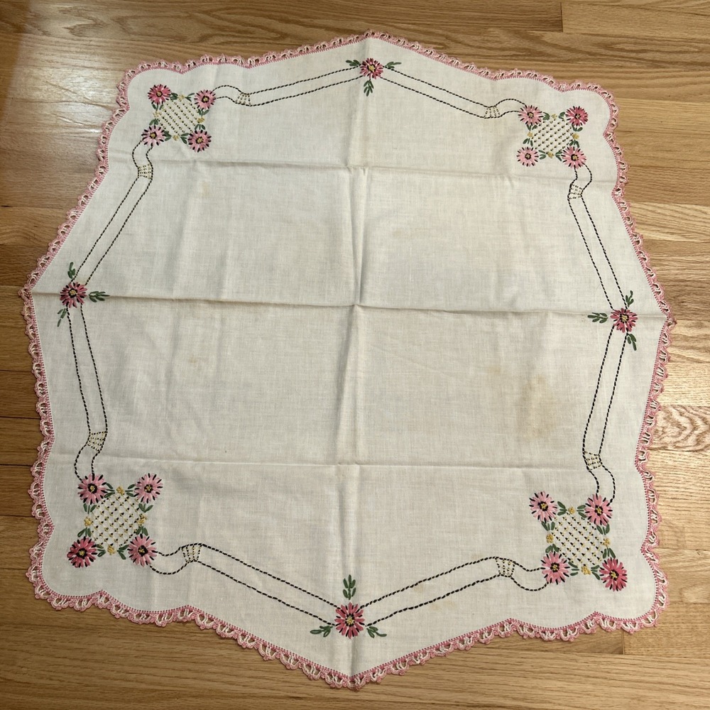 Vintage Linen Tablecloth 35x33 Pink Floral Lazy Daisy Crochet Edge Topper AsIs